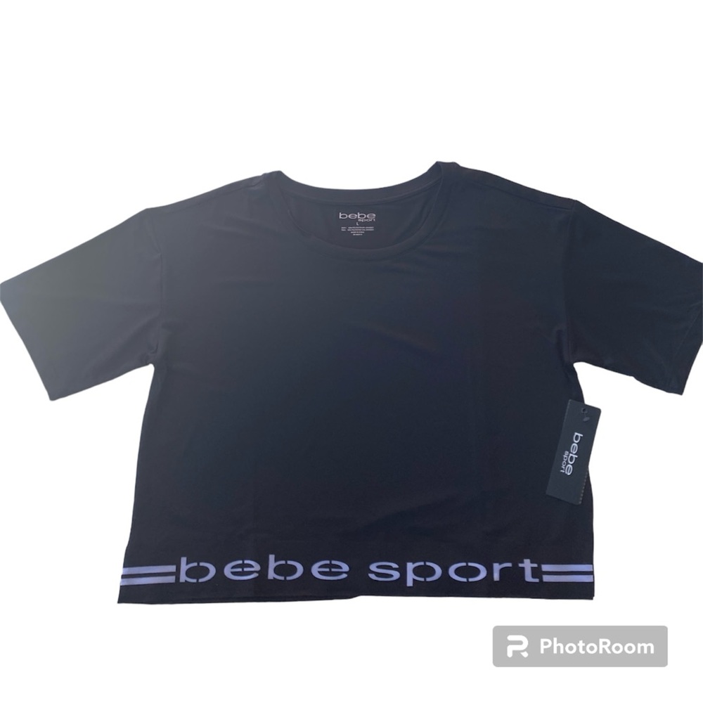 Bebe Sport Black Cropped Athletic Top Ladies L Logo at Waistband Stretch NWT